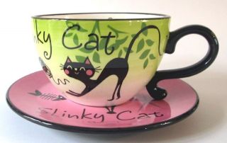 Slinky Cat Large Cup & Saucer   Ceramic   Multi Coloured   Black Cat