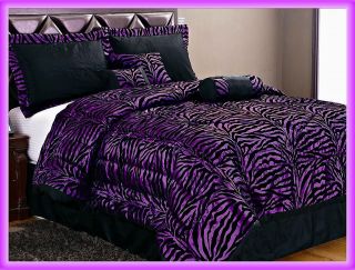   Pcs Flocking Zebra Satin Bed In A Bag Comforter Set Queen Purple/Black