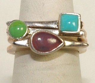 Vintage Barse Sterling Silver Turquoise, Jade Stones Stackable Ring 