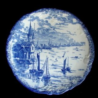 c1900 Hand Painted Seaside Village Boats Blue Delft Empire Porcelain 