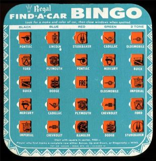 1950s Vintage Travel Bingo Game FIND A CAR BINGO Regal Mfg Co.