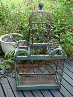   FRENCH TURQUOISE PAINTED WOOD WIRE TRIPLE DOME BIRDCAGE BIRD CAGE