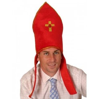 MENS RED MITRE CARDINAL POPE BISHOP FANCY DRESS COSTUME HAT WITH TAILS 