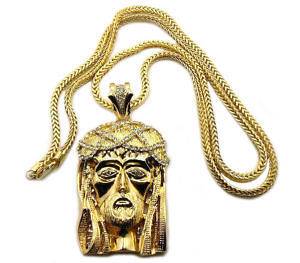 ICED OUT GOLD CZ JESUS PIECE PENDANT W/36 FRANCO CHAIN