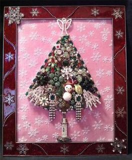 Vintage Jewelry Framed Christmas Tree ♥ Snowman, Candles, Red Frame 