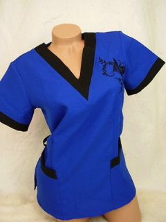 New Nursing Scrub Royal Blue Black Embroidery Butterfly Poly Top S