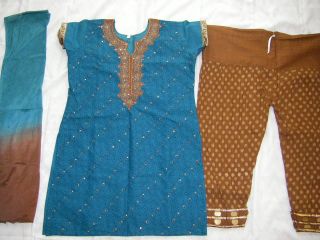   46 Petite 3pc embroidery salwar kameez Indian outfit sari blue/brown