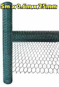 5M X 0.6M X 25MM GALVANISED 20G CHICKEN WIRE FENCING GREEN PVC COATING
