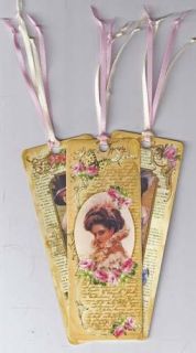 Vintage inspired bookmarks Pink Roses women with silk ribbons set of 6