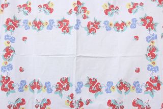   & Flowers Vintage Tablecloth 53 x 62 Red Blue Yellow & Aqua