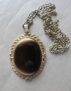   Necklace Large Oval Gemstone w/ Gold Metal Frame Petrified Wood