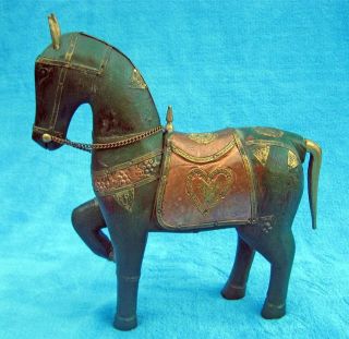   Handcrafted Wood Horse Figurine with Copper & Brass Accents