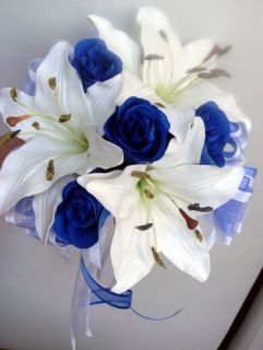 Bridesmaids Posy Wedding Bouquet, Real Touch Ivory Lillies Silk Royal 