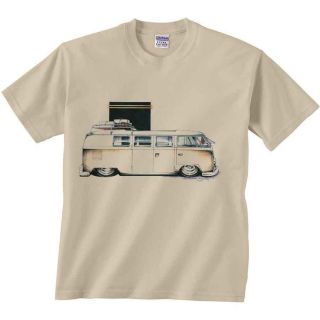 VW Bus T Shirt Tan Surfer Volkswagon Low Rider With Sunroof & Rack Tee