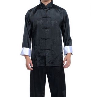   blue Chinese mens silk kung fu suit pajamas SZ M L XL 2XL 3XL