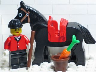 100% LEGO Female Jockey Black Horse Red Saddle Carrot / Girls Minifigs 