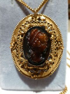 Vintage signed Florenza cameo necklace pendant brooch pin large gold 
