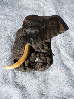 37) Elephant head tusk trunk carving Teak WOOD wall hanging I love 