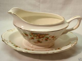Crown Potteries Gravy Boat w/Underplate Ivory w/ Floral/Checkerboard 