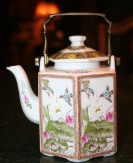 Beautiful Vintage JAPANESE Floral & Birds Porcelain Tea Pot with Brass 