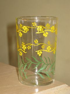   Vintage Swanky Swig? Juice Glass 3.5 Green Leaves Yellow Flowers