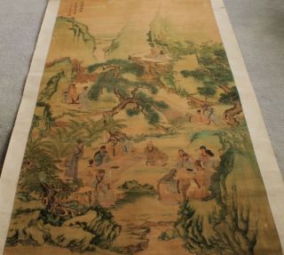 FINE LARGE CHINESE LANDSCAPE WITH IMPERIAL SCHOLAR FIGURES SILK SCROLL 