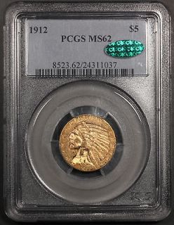 1912 $5 Indian Head Gold Half Eagle PCGS MS 62 CAC Incuse Five Dollar 
