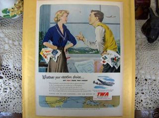 Vtg 1951 ~Ad~ TWA Airlines Airplane Coin Flip Vacation Americana Art 