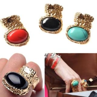   Armour Chunky Finger Turquoise Oval Gem Stone Golden Cocktail Ring