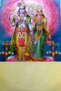 1970s India Vintage Hindu Deity Large Print God Vishnu With Laxmi 