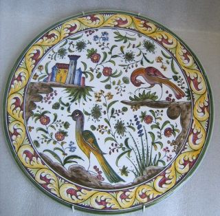 VINTAGE HAND PAINTED PORTUGESE MAJOLICA TRIVET WALL PLAQUE w HANGER 