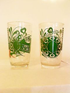 Vintage Jelly Jar Juice Glasses Green Hearts Design Set of 2