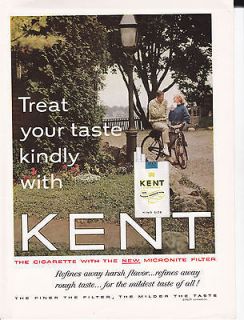   Print Ad 1963 Treat your taste kindly KENT CIGARETTES Couple With Bike
