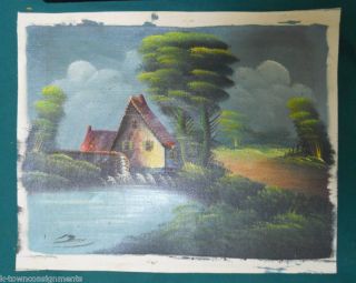 WATER WHEEL HOUSE LANDSCAPE VINTAGE PAINTING ON CANVASS
