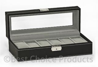 Watch Box 6 Mens Black Leather Display Glass Top Jewelry Case 