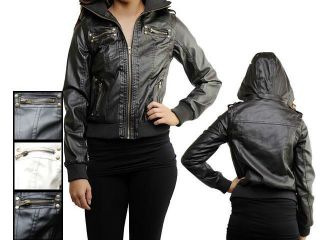   Ladies Crop Bomber Faux Leather Motorcycle Jacket Blk Brn Hood Jacket