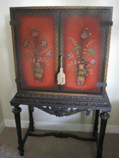 Antique Painted Red Chinoiserie Liquor Cabinet Gorgeous