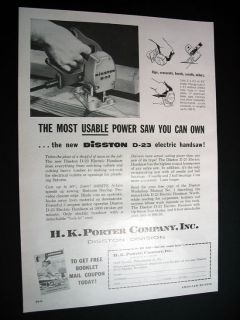 HK Porter Disston D 23 Electric Hand Saw 1958 print Ad