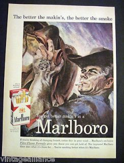 Vintage 1959 Illustrated Marlboro Man in Cowboy Hat Smoking w/ Tattoo 