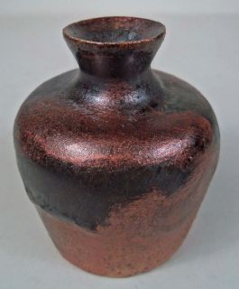 Miniature Wheel Thrown Pottery Vase   Metallic Copper Glaze Signed
