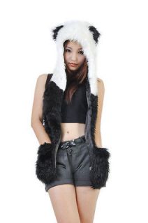Panda Bear Full Animal Hoodie Faux Fur Animal Winter Hat 3 in 1 
