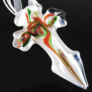   White Cross Lampwork Glass Murano Bead Pendant Ribbon Necklace Cord