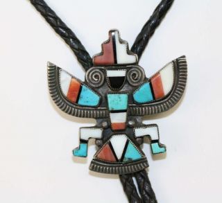 Vintage Zuni Native American Silver Inlay Phoenix Bolo Tie Signed 