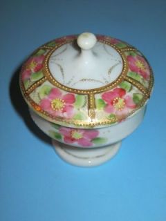 Vintage Nippon Hand Painted Footed Covered Trinket Box Raised Moriage