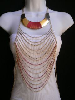   CHOKER GOLD RED METAL BODY CHAIN JEWELRY LONG TRENDY AFRICAN NECKLACE
