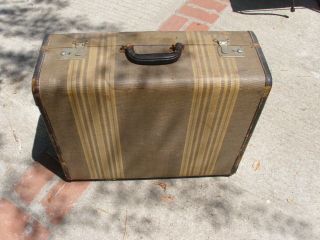 Vintage Hard Luggage Suitcase w Handle & Key Pockets Striped Fabric 