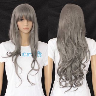 Long curly cosplay wig with straight fringe in grey, UK seller, Jem 