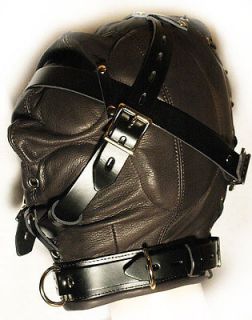 Premium Padded Black Real Leather Hood Mask With lockable Collar