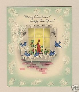 Vintage Christmas Card, Bluebirds, Candle In The Window ~