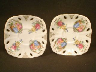 Square Saucers Made In Occupied Japan Couple Child Gold Floral 